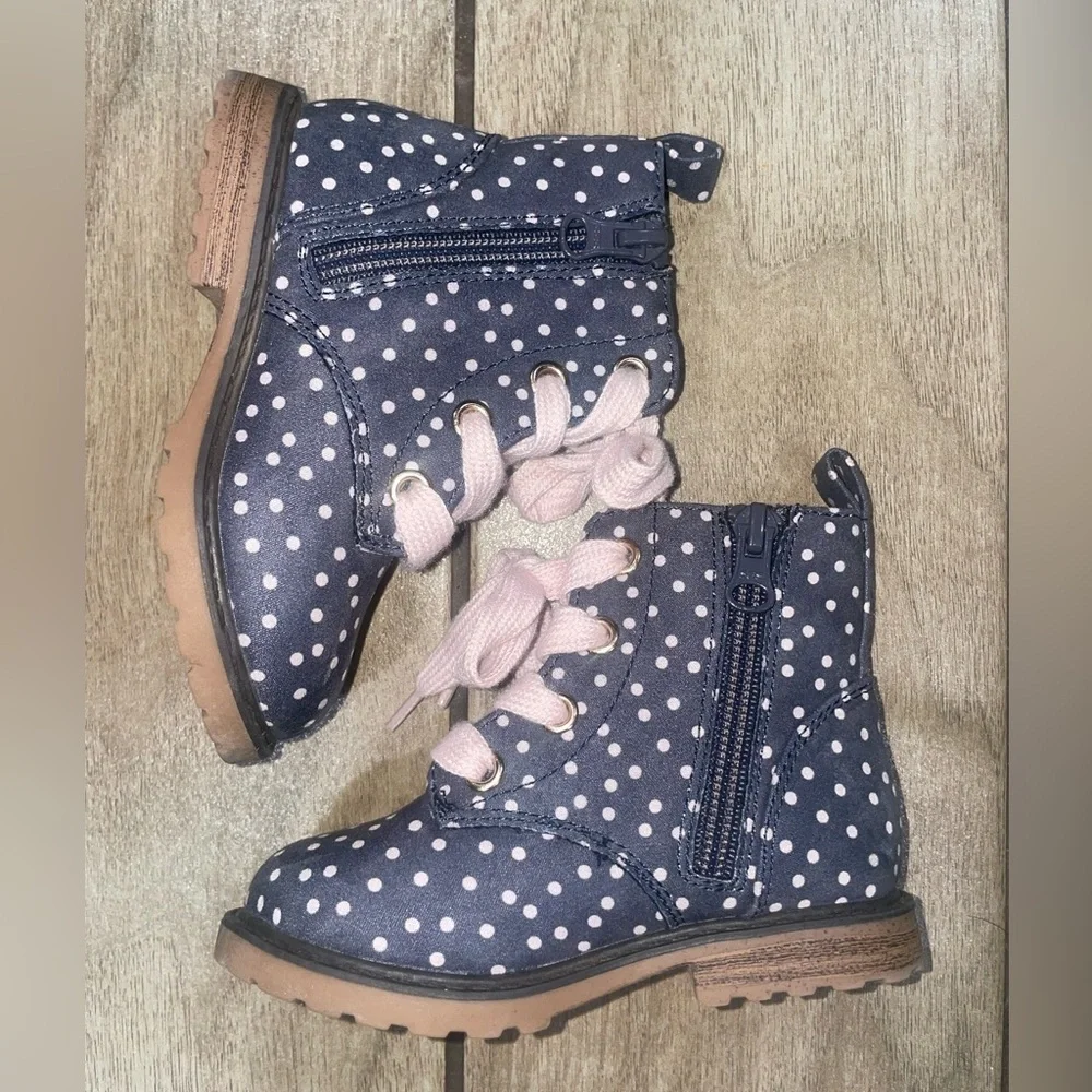 Cat & Jack Navy Polka Dot Boots with Pink Laces